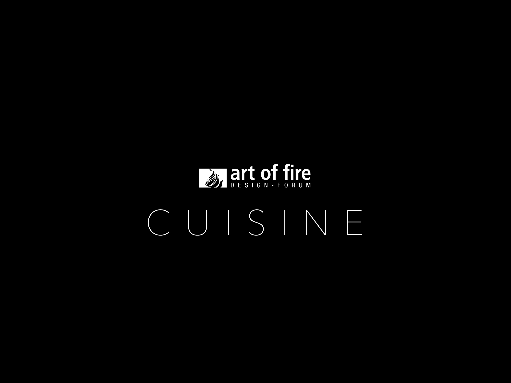 Das Logo von "art of fire Design-Forum Cuisine" auf schwarzem Hintergrund.